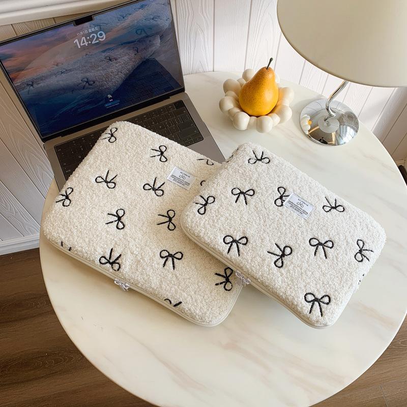 TS JYL laptop bag,INS Winter Plush Embroidery Bow iPad Sleeve Tablet Laptop Case