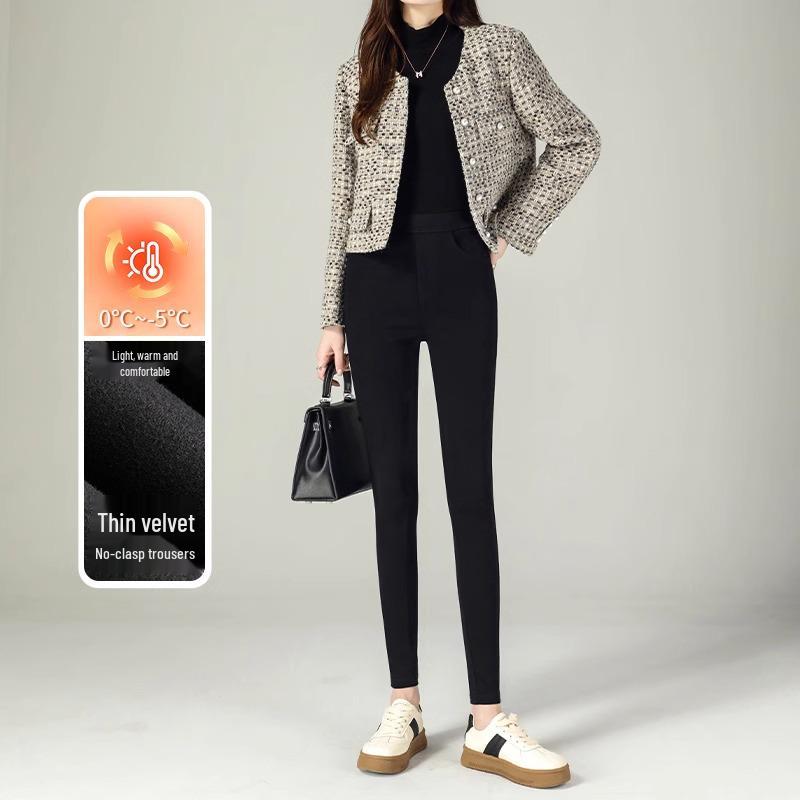 Women's High-Waist Black Wool-Lined Leggings - Warm, Thick, Velvet, Autumn/Winter 2025