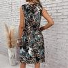 Plus Size V Neck Sleeveless Dress Zen Ink Bamboo Leaf Print For Tea House Leisure Time