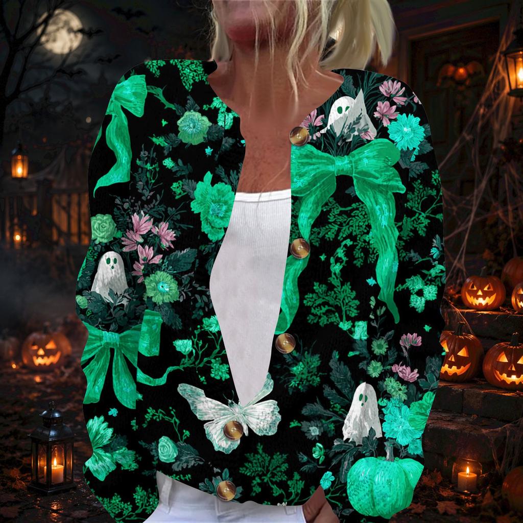 Women's Halloween Print Long Sleeve Knit Cardigan Button Front