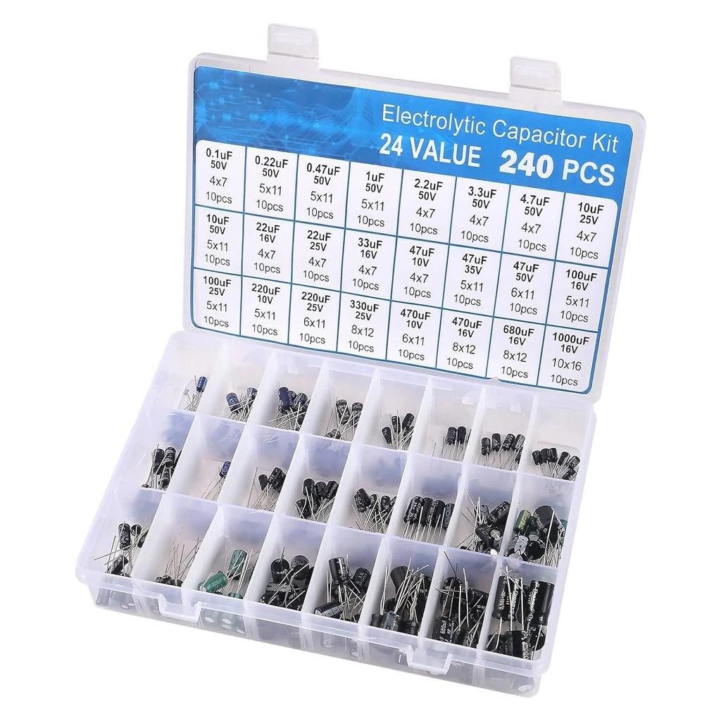 240 stk Elektrolyttkondensator i aluminium Elektrolyttkondensatorer Sett 24 Verdier Område 0,1uF-1000uF Kondensatorer Assortimentssett