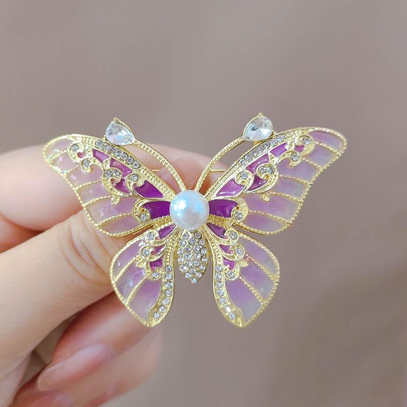 Elegant Gradient Butterfly Brooch with Pearls and Rhinestones - High-End Insect Pin Corsage Accessory