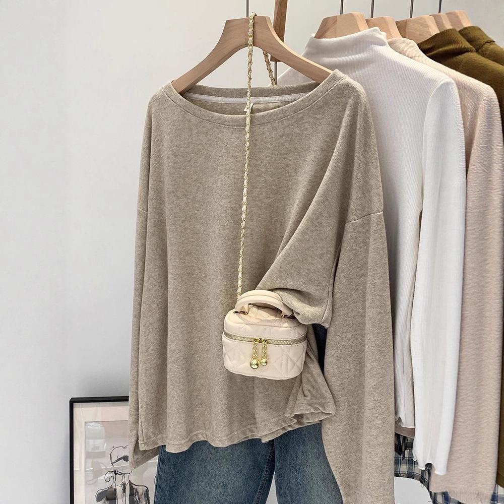 Women's Oatmeal Long-Sleeve Brushed Skin-Friendly Relaxed Fit Autumn T-Shirt