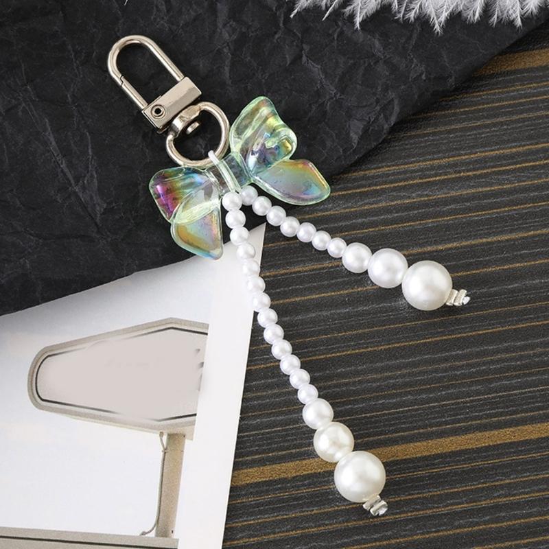 Bowknot Shaped Keychain Pendant Pearls Beaded Butterfly Knot Key Chain Fashionable Bow Ornament for Phones and Bag