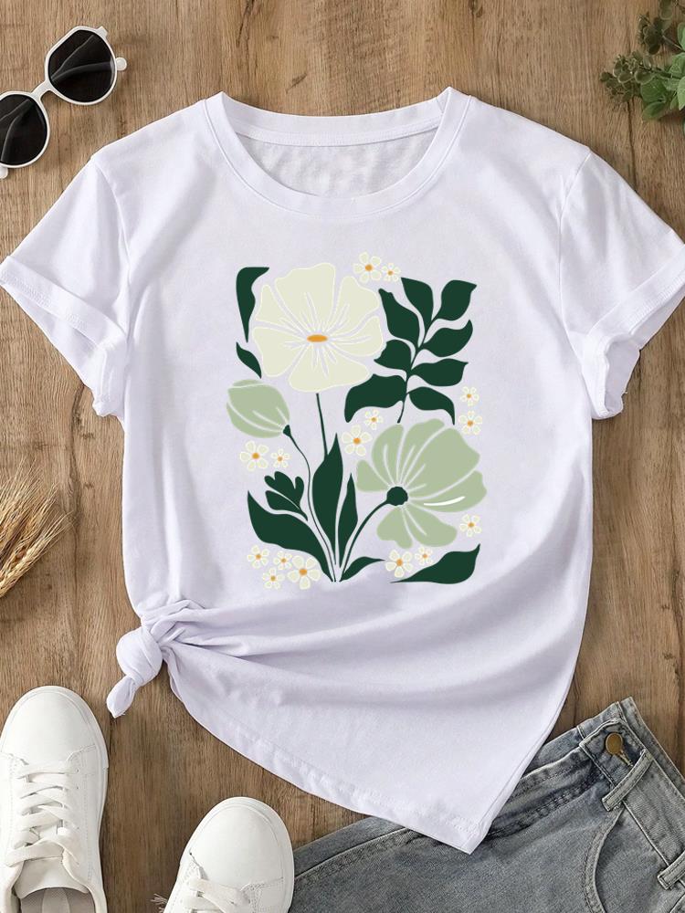 (Asian Size) sweet plant flower Print O-neck Short Sleeve T-shirts Fashion  Casual Women's Top T Female Clothing  Graphic Tee