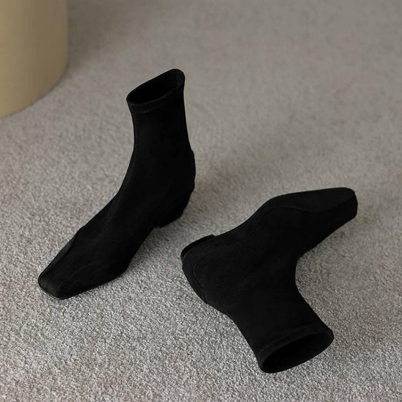 Neue Damen Elastische Wildleder Ritterstiefel Schaft Mittelhoher Absatz Quadratische Spitze Große Größe Damenstiefel Herbst und Winter Vielseitige Keilabsatz Mittelstiefel