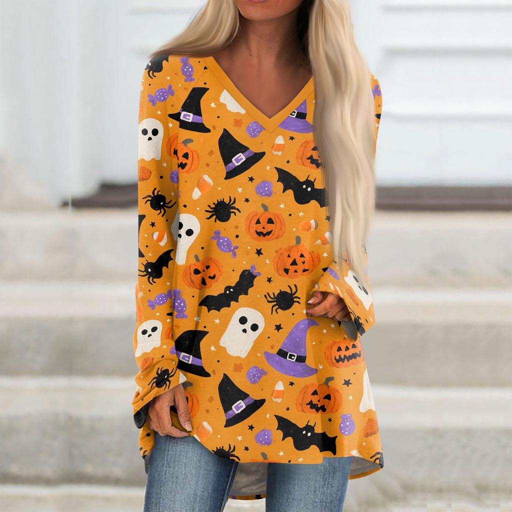 Women's Casual Long Sleeve V-Neck Halloween Print T-Shirt Mid-Length Top