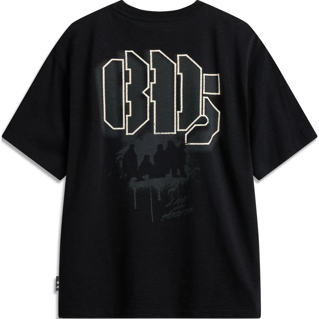 Li Ning Basketball Series Letter Round Neck Comfortable Breathable Loose Short Sleeve T-Shirt Men Tops Black AHSU433-5