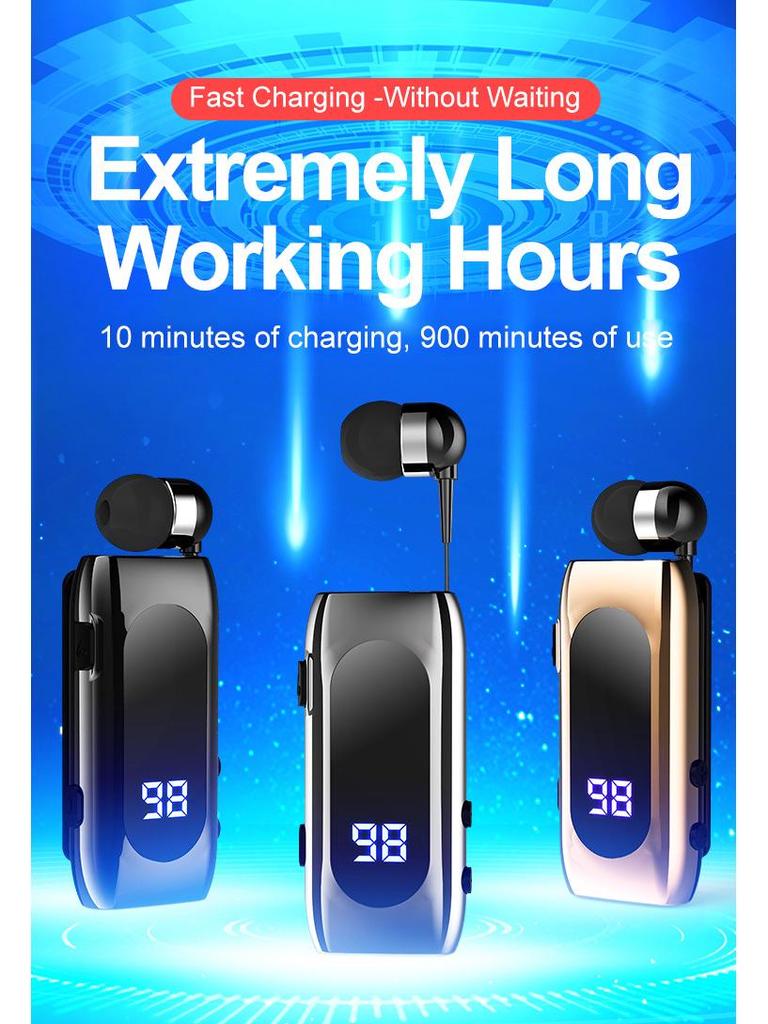 K55 Bluetooth Sports Earphones with Retractable Wire, Large Capacity Clip-On, Noise Cancelling, Digital Display.