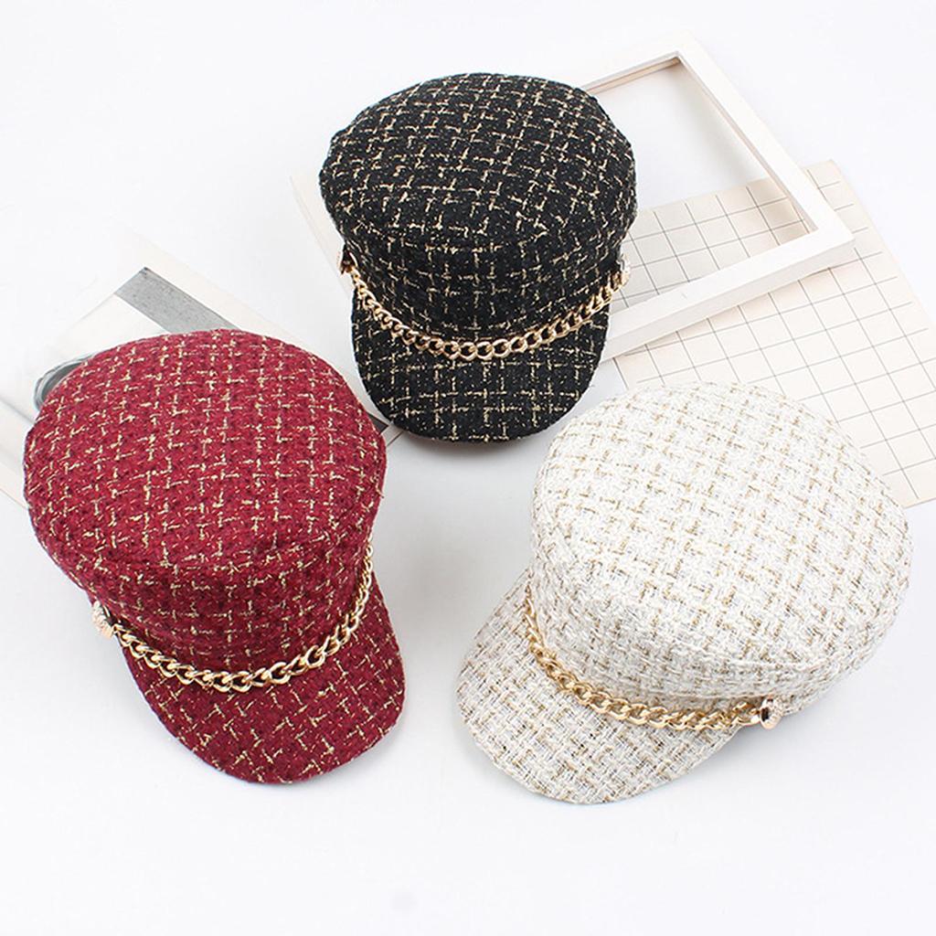 Tweed Plaid Cabbie Hat Chain Flat Cap Beret Hat Visor Peaked Hat