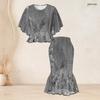 Women Plus Size Printed Round Neck Batwing Sleeve Ruffle Hem Top Fishtail Skirt Two Piece Set