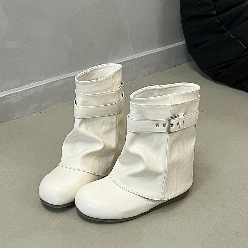 Design belt buckle solid color knight boots women's autumn and winter new one-pedal round head medium tube trend short boots