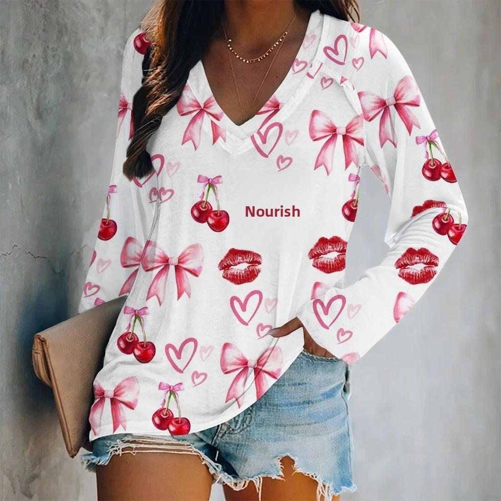 Spring V-Neck Long Sleeve T-Shirt Digital Print Loose Fit Women's Style Valentine's Day Special Edition Fashionable Casual Top