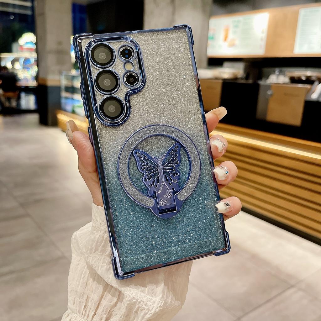 Samsung S25FE Butterfly Flashing Powder Bracket Magnetic Suction Mobile Phone Case Suitable for S24 Four Corner Airbag Anti Fall A06 Protective Case