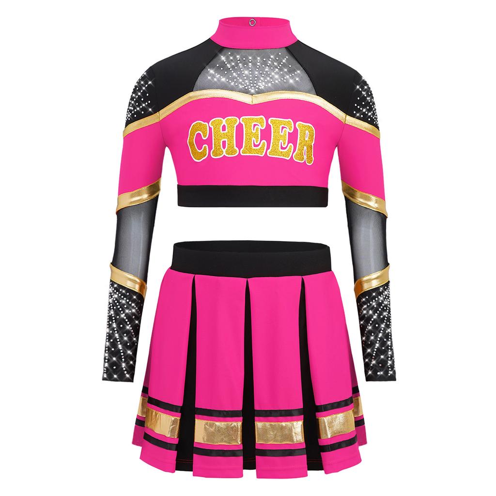 Bambina Ragazza Costume da Cheerleader 2 Pezzi Costume da Esibizione Manica Lunga Patchwork in Rete Trasparente Strass Color Block Crop Top con Gonna Pieghettata