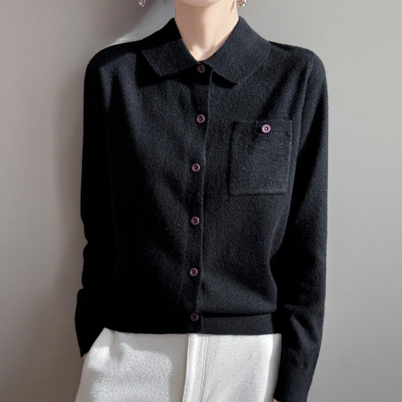 Lapel Knitted Cardigan Solid Color Loose with Pockets, Versatile Spring New Top Coat