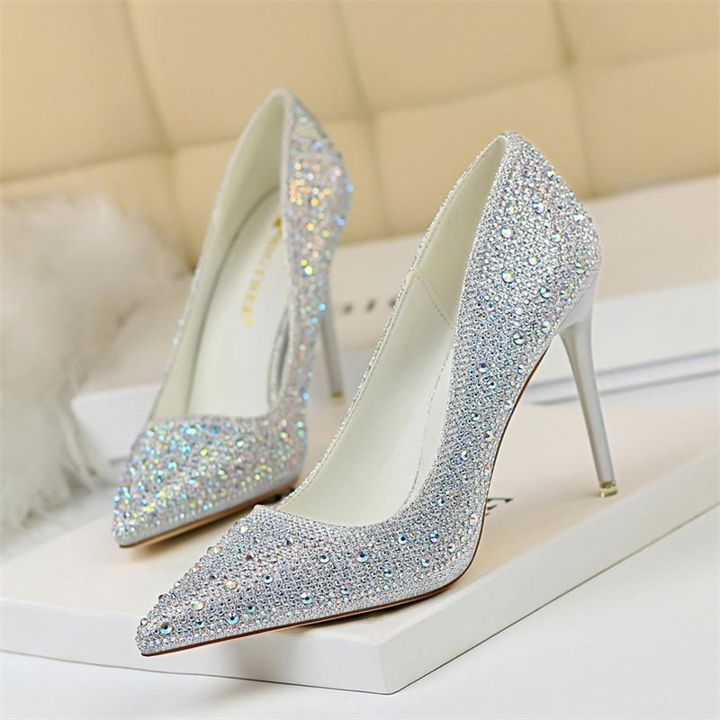 Fashion Shallow Mouth Pointed Color Rhinestone Pumps Fashion Wedding Party Women Sweet Pump Stiletto Thin High Heel Single Shoes