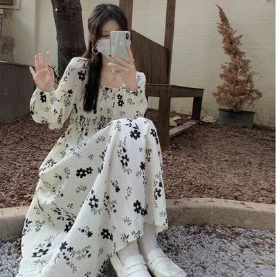 Long Length Temperament Sweet Floral Dress Spring Autumn Square Neck Waist-Cinching Skirt Women's