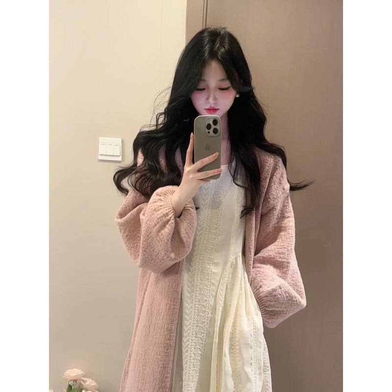 2026 Early Spring Korean Chic Style Complete Set of Gentle and Lazy Style Mid-Length Pink Cardigan Long-Sleeved Dress Set