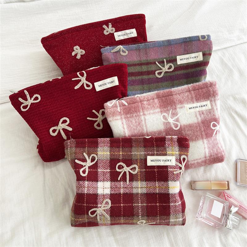 Embroidered Bow Pattern Checked New Year Valentine's Day Gift New Style Makeup Bag Toiletry Bag Inner Bag Storage Bag