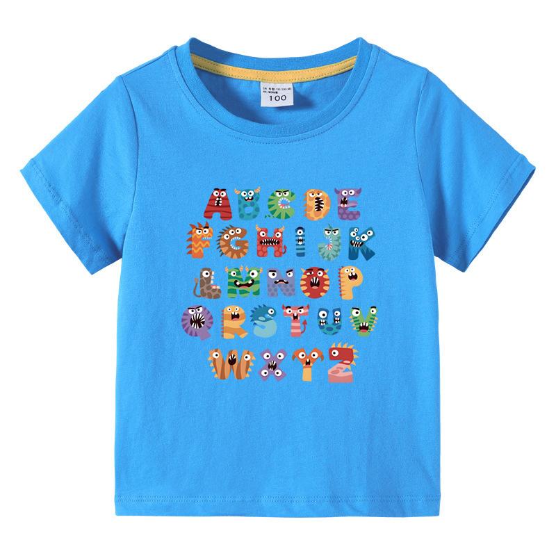 Boys Girls TShirt 26 Letters Print Black 100 Cotton Short Sleeve Tee Soft Casual Summer Tops for Kids Children