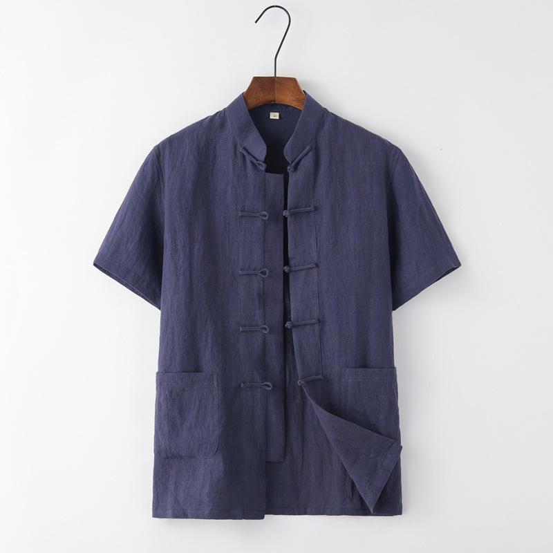 Men's Summer Thin Linen Tang Suit - Short-Sleeved Top for Middle-Aged & Elderly