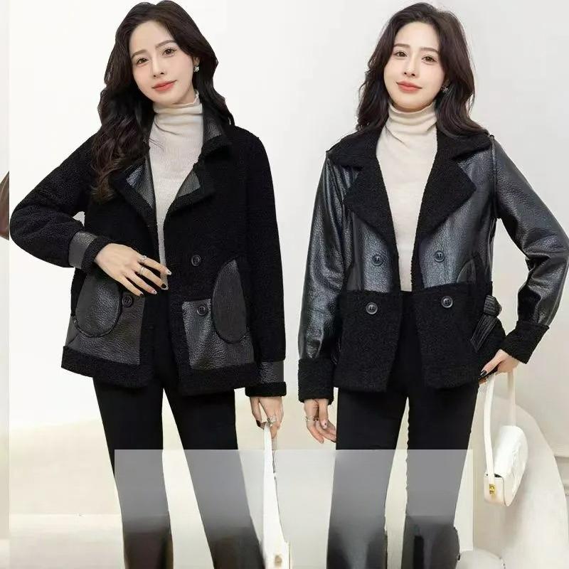 Leather Women's Plus Velvet Thickened Autumn and Winter Wear Loose Winter Western Style Short Ladies Leather Jacket on Both Sides