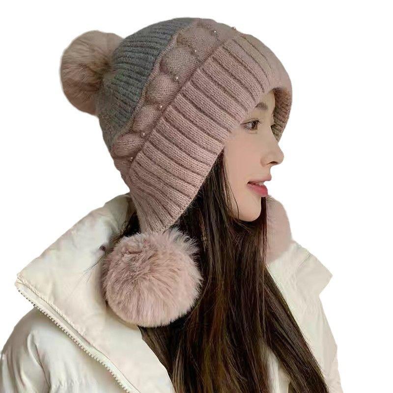 Wool hat for women, sweet and cute in autumn and winter, warm and cold hat, fashionable ear protection, plush and thickened cold-proof knitted hat.