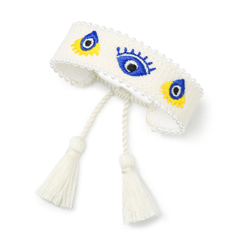 Adjustable Handmade Pearl Bracelet with Evil Eye Embroidery