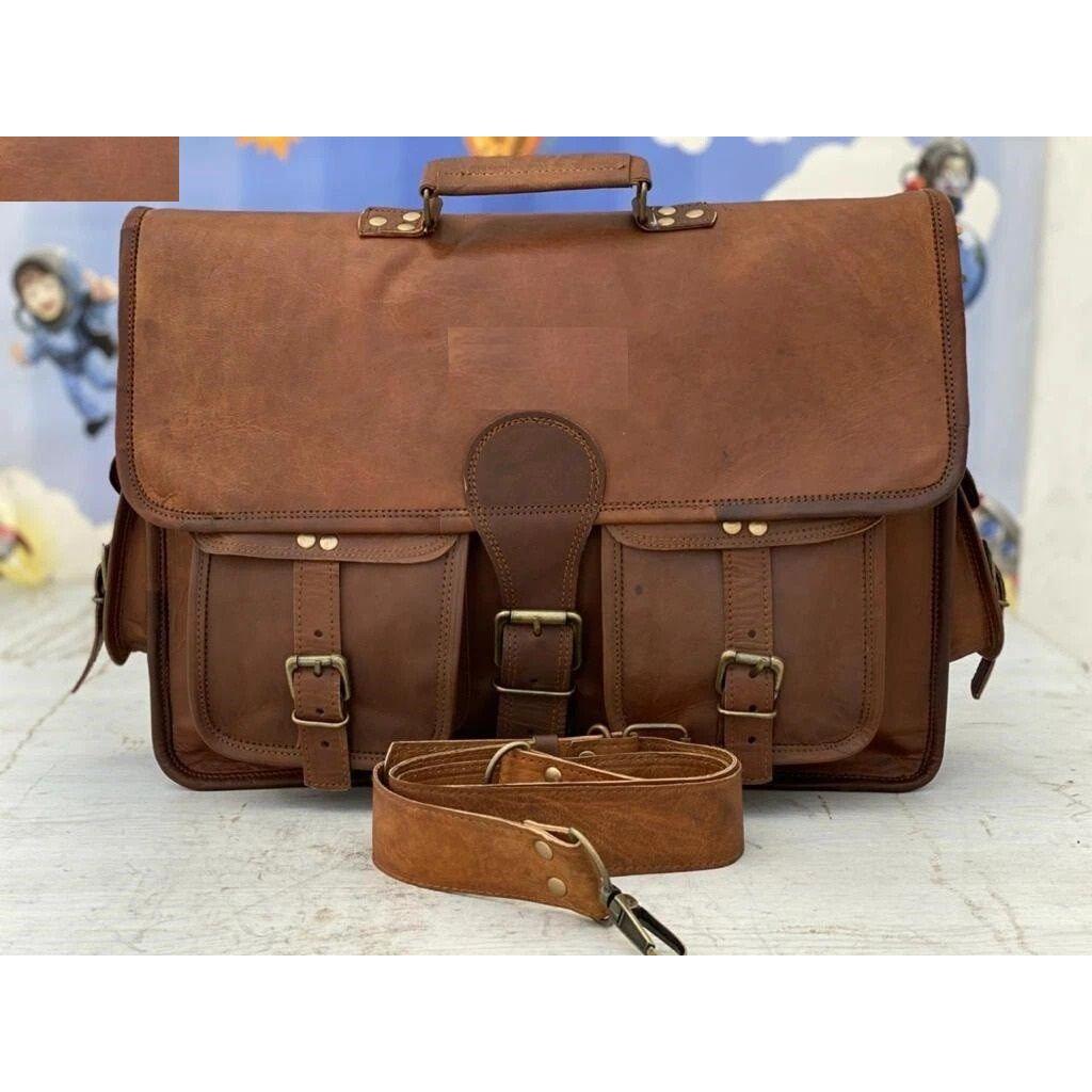 Men Genuine Brownish Leather Vintage Laptop Messenger Briefcase Bag Satchel