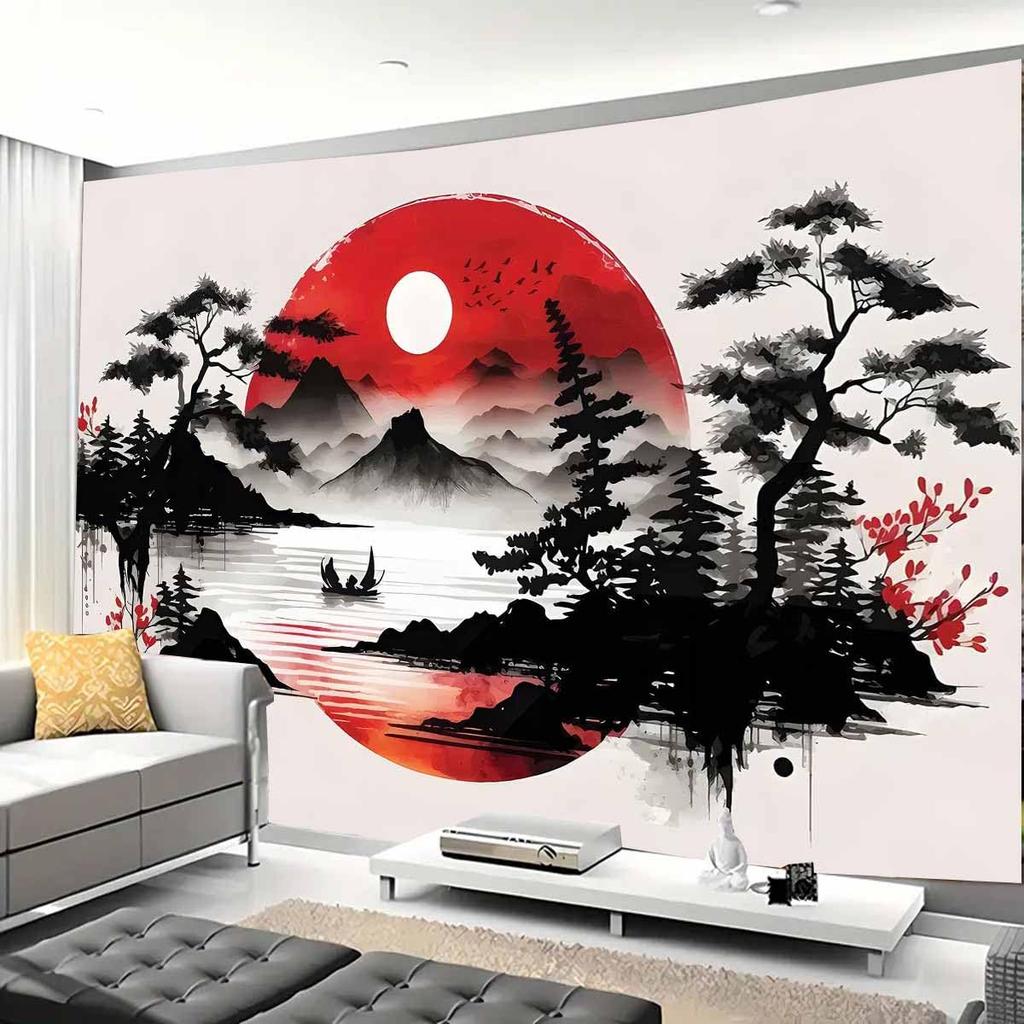 Mountain Tapestry Nature Forest Pink Cherry Blossoms for Bedroom Aesthetic Sunset Wall Hanging Orange and Green Landscape for