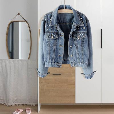 Women Denim Jacket Solid Color Single-breasted Short Breathable Keep Warm Beads Decor Long