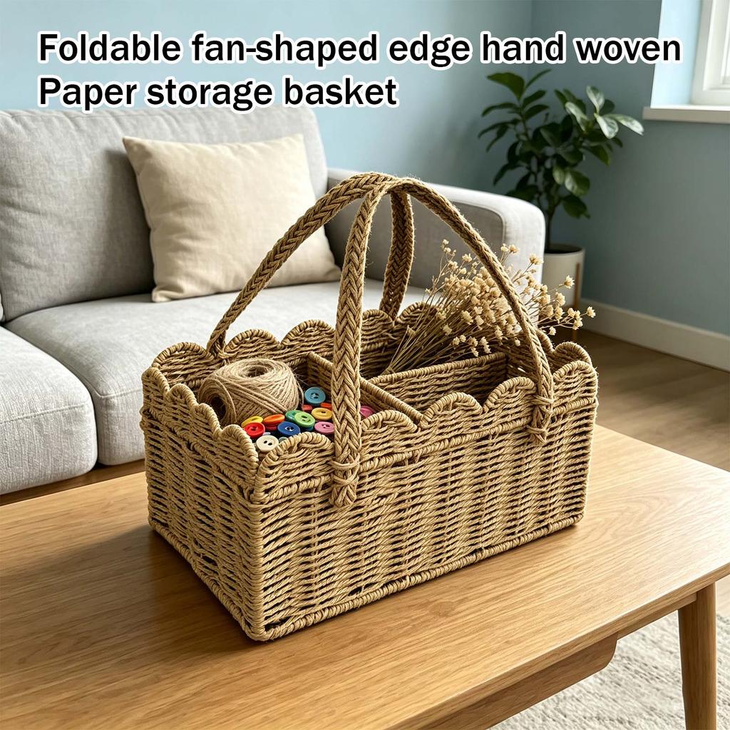 Foldable, Hand-Woven Paper Storage Basket With Scalloped Rim And Handles