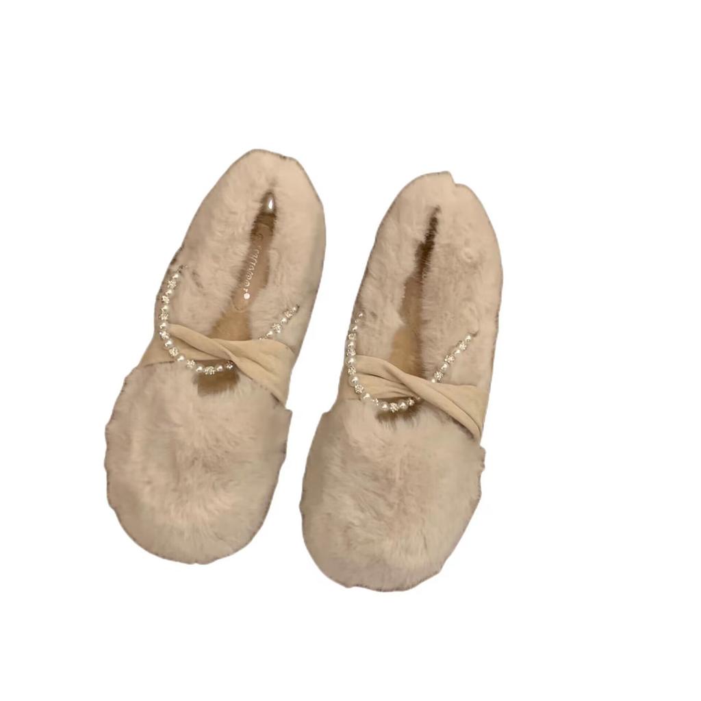 French retro versatile light mouth flat bottom plush cotton shoes women's 2025 new spring and autumn round head pearl soft bottom Mary Jane