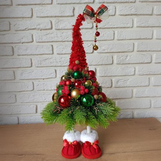 16 Inches Christmas Tree Gnome Figurine Handmade Small Dwarf Artificial Tree Table Decor with Ball Ornaments for Tabletop Indoor Home Decor