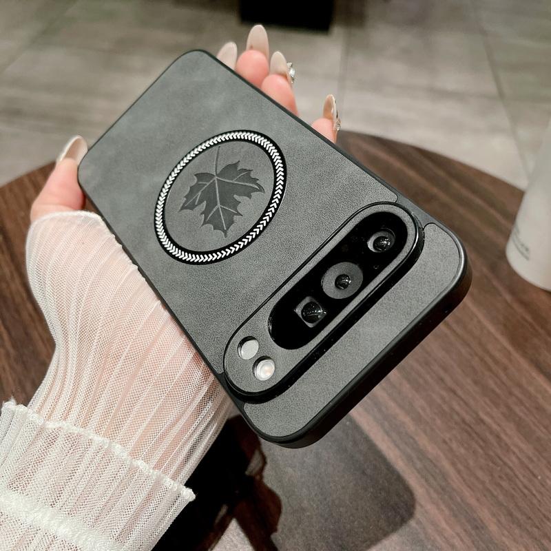 Leaf Pattern Leather Wireless Charge Magnetic Case For Google Pixel 9 Pro XL 8A 8 Pro 7A 7 Solid Color TPU Soft Shockproof Slim Matte Phone Cover