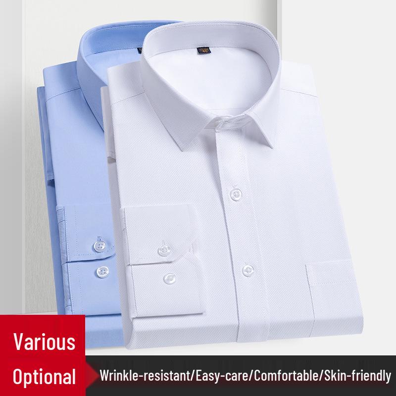 Men's Korean Style White Cotton Long Sleeve Shirt - Formal Business Attire for Middle-Aged & Young Professionals.