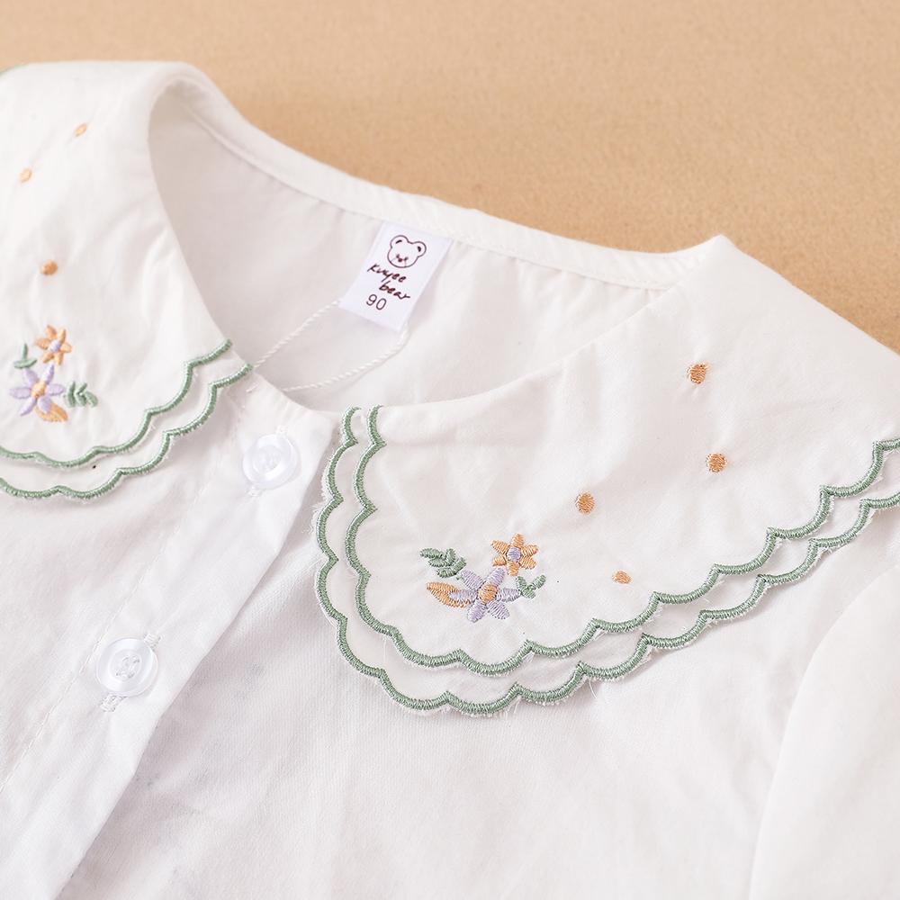 Camisa de Menina Colarinho Bordado Blusa de Manga Comprida para Menina Bebê Fofa Idade 2-6 Camisa Infantil Branca