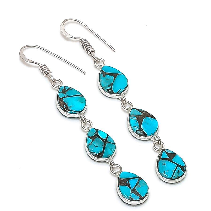 

Copper Blue Turquoise Gemstone 925 Sterling Silver Jewelry Earring 2.36 KJ-958