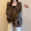 Women's Oversized V-Neck Knit Cardigan Brown Turquoise Striped Button Decor Loose Fit Casual Warm Long Sleeve Outerwear