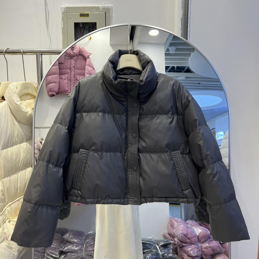 Pu Leather Down Jacket Women's Short Autumn and Winter New Stand-up Collar Bread Jacket White Duck Down Jacket Thickened Winter Clothing