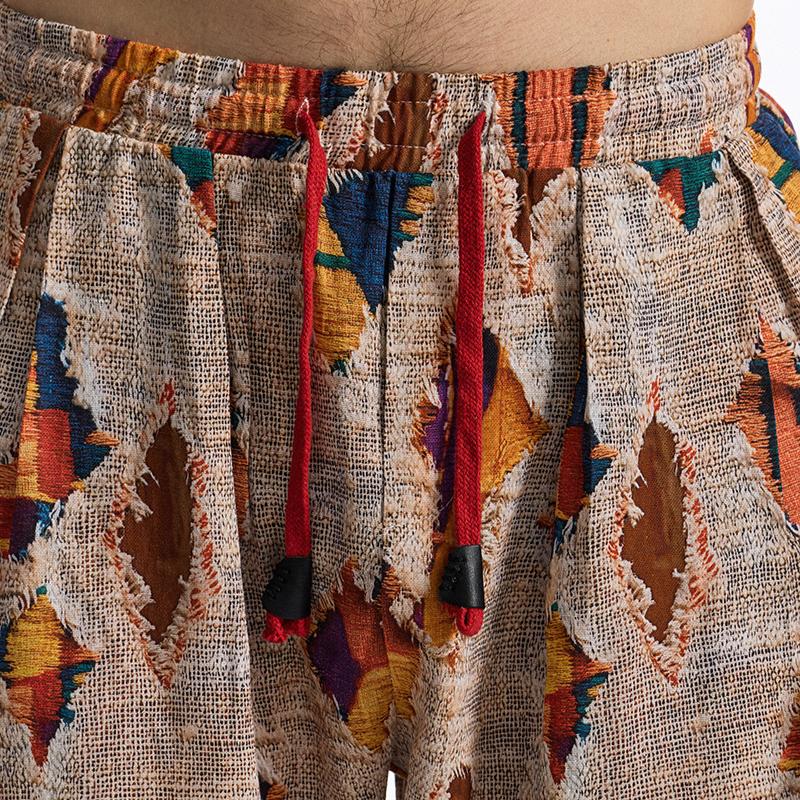 Spring and Summer Men's 3D Printed Cotton and Linen Casual Pants Elastic Waist Lace-up Pants