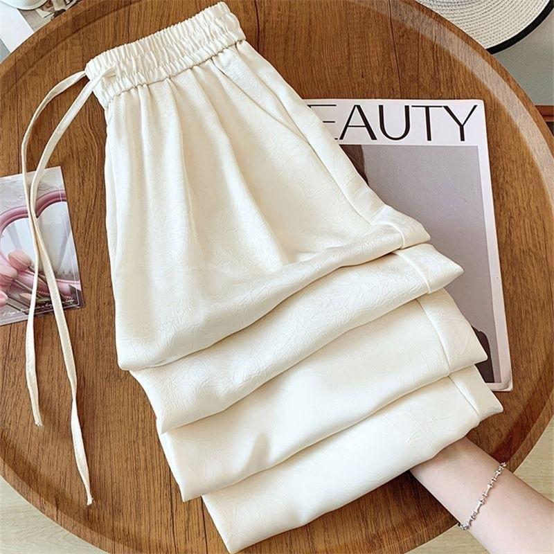 Women's High Waist Ice Silk Wide Leg Pants - Summer Sun Protection, Acetate Satin, Jacquard Design