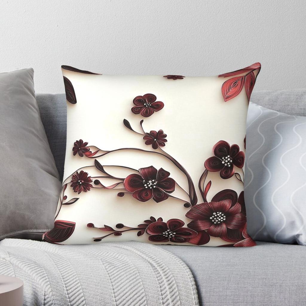 Burgundy Paper Floral Pillowcase Polyester Linen Velvet Printed Zip Decorative Home Cushion Cover