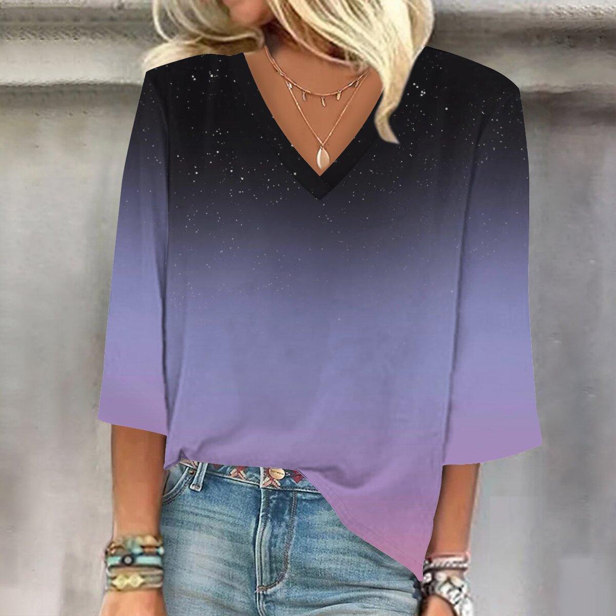 

2023 Sping и осень Новая мода Женский повседневный топ с V-образным вырезом с рукавом 3/4 с принтом