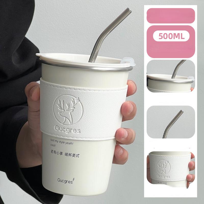 Stainless Steel Coffee Mug with Straw Lid Portable Coffee Cup Drinking Beer Milk Water Cup Restaurant Bar Party 500ml
