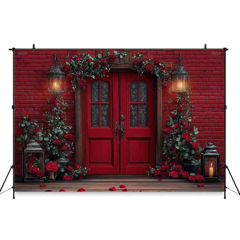 Mocsicka Valentine's Day Photo Background Rose Love Heart Flower Red Bricks Wall Door Decorations Wedding Backdrop Studio Banner