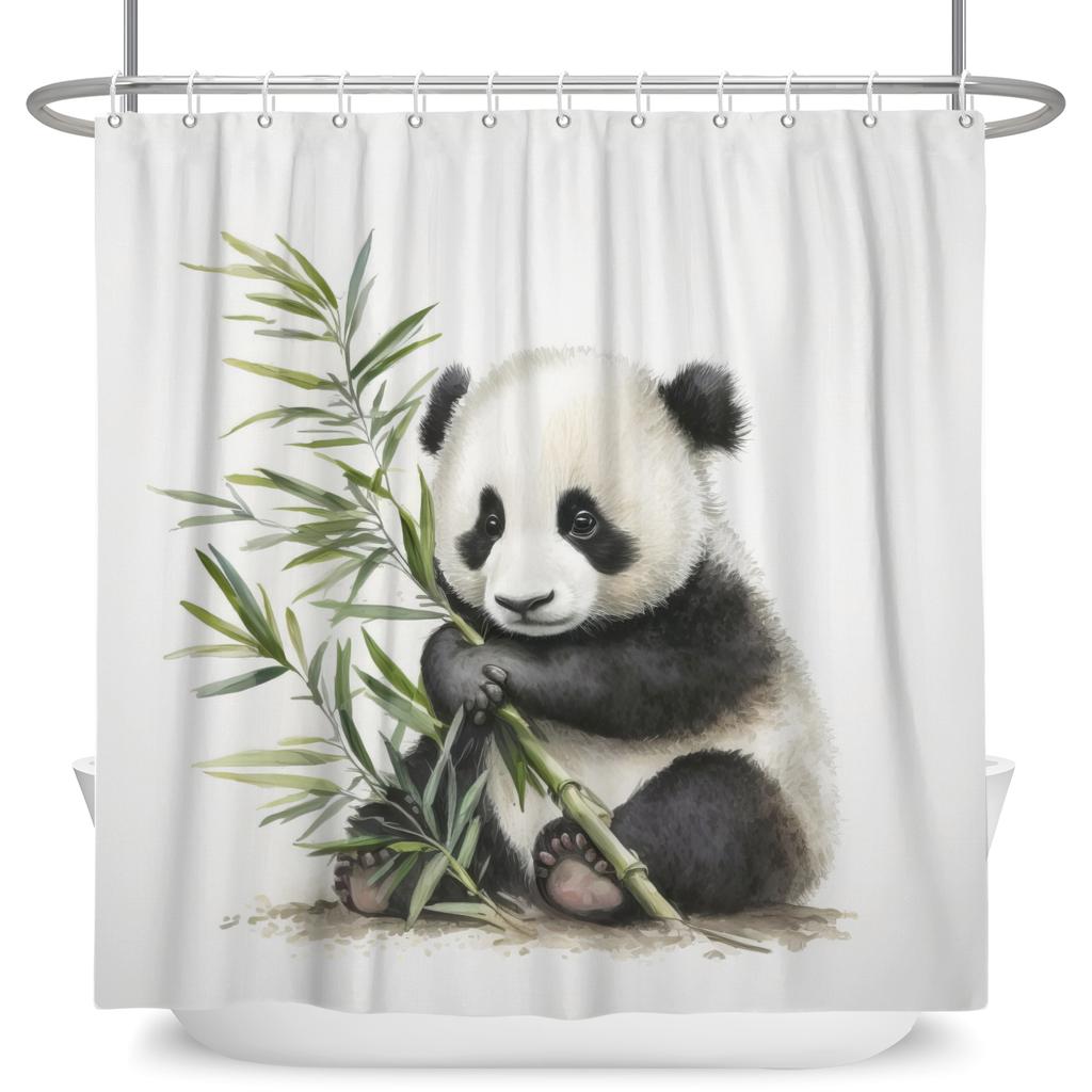 Niedliche Panda Duschvorhänge Grüner Bambus Kinder Badezimmerdeko Heim Badvorhänge Wasserdichtes Polyestermaterial Mit 12 Haken