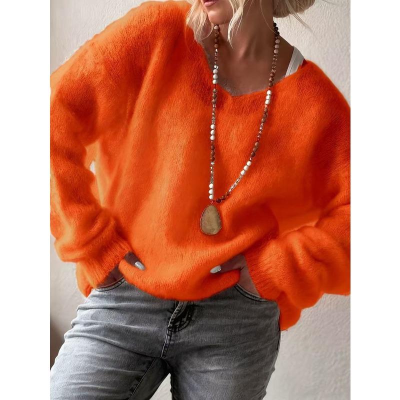JPNTKY Women's Fashion Casual Solid Color Print Autumn Winter Long Sleeve O-Neck Loose Sweaters
