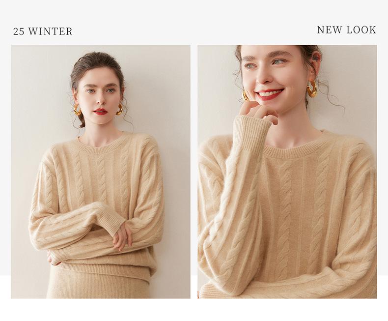 Women's Cashmere Sweater - Cable Knit, Slim Fit, Round Neck, Long Sleeve, Solid Color, Elegant Autumn/Winter Top